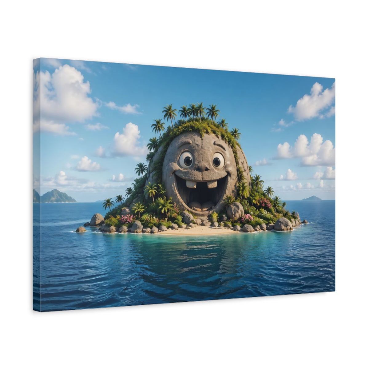 Side Mockup 3. Funny Happy Island Blue Tropical shown as stretched canvas wall art