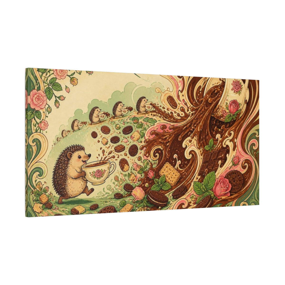 Side Mockup 2. Funny Hedgehog Tea Parade shown as canvas print