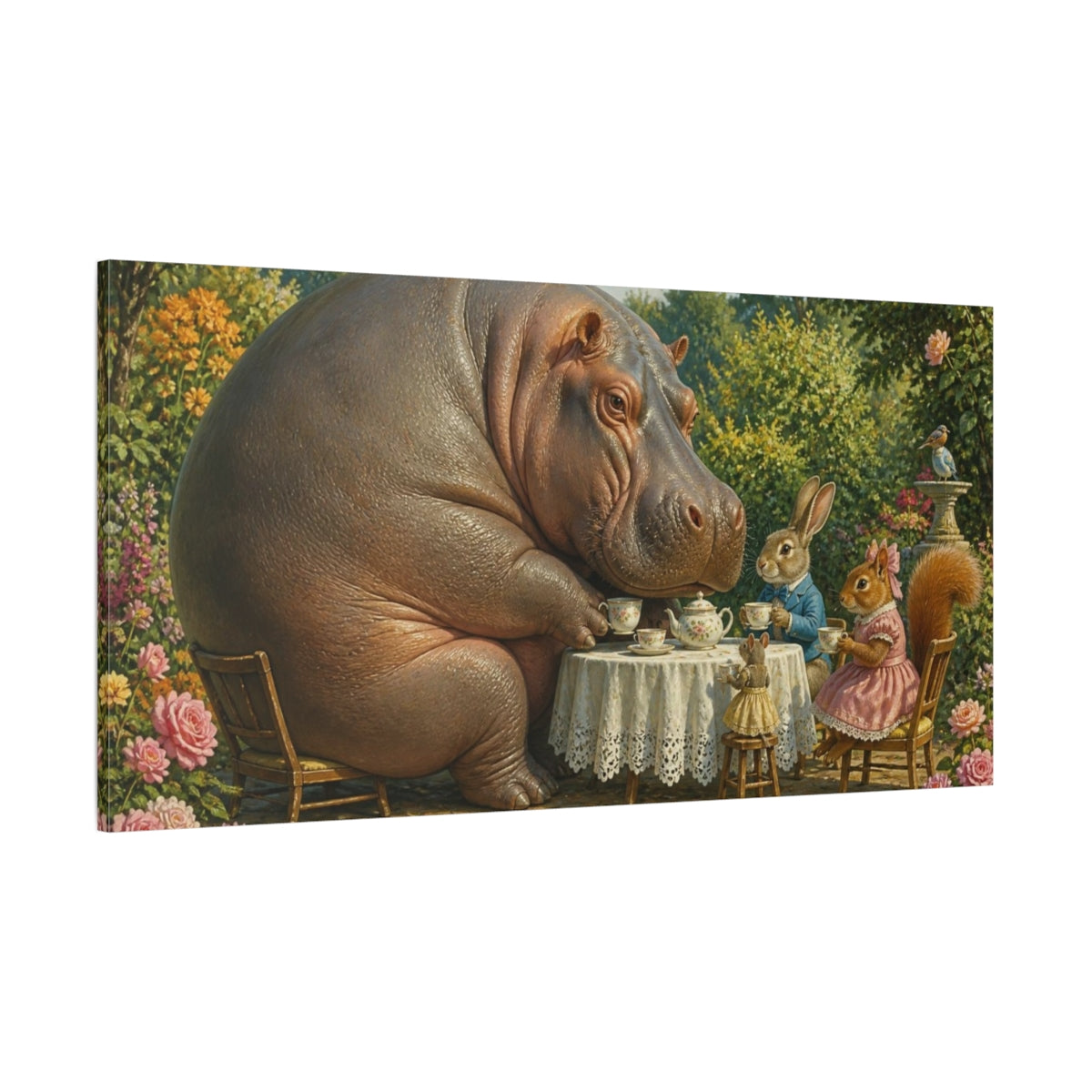 Side Mockup 2. Funny Hippo Tea Party shown as canvas print