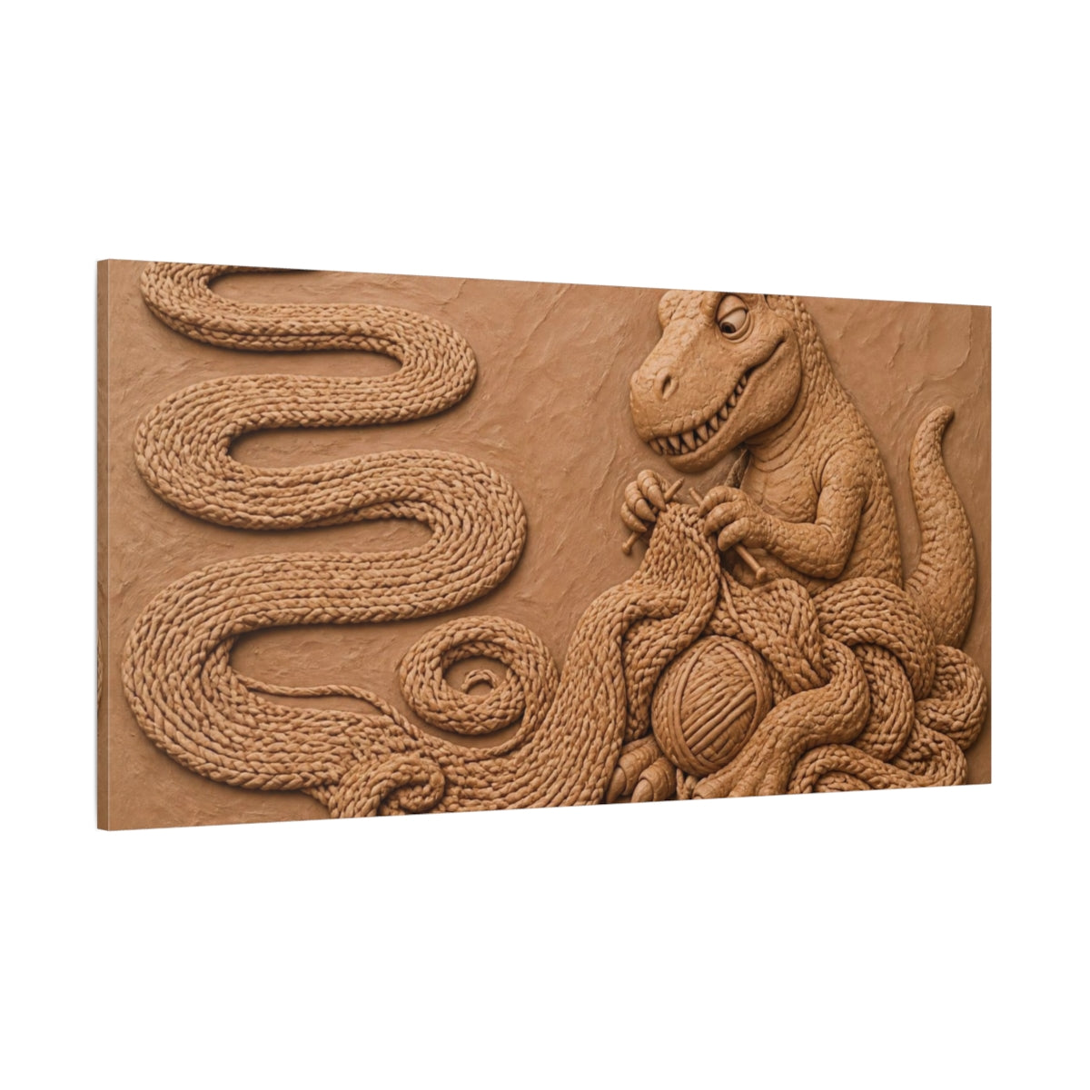 Side Mockup 2. Funny Knitting Tyrannosaur shown as canvas print