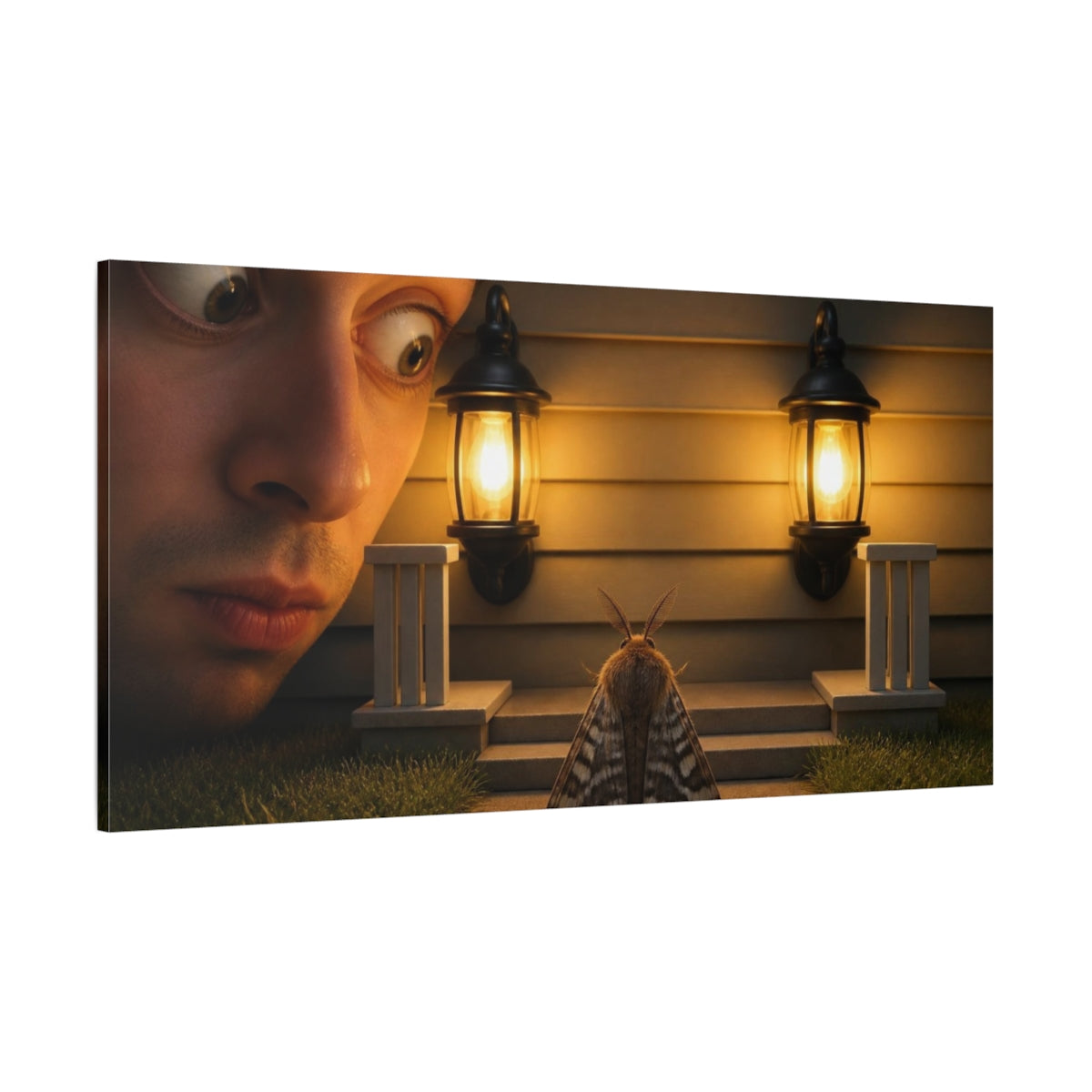 Side Mockup 2. Funny Moth Between Lights shown as canvas print