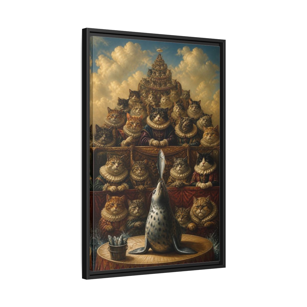 Side Mockup 14. Funny Seal Performance shown as framed canvas print