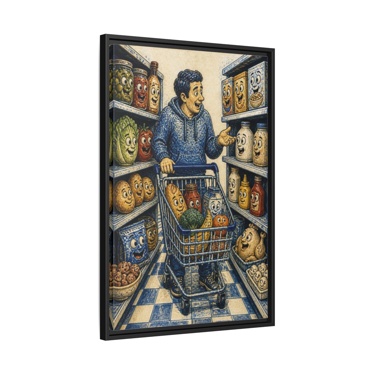Side Mockup 14. Funny Shopper With Talking Food shown as framed canvas print