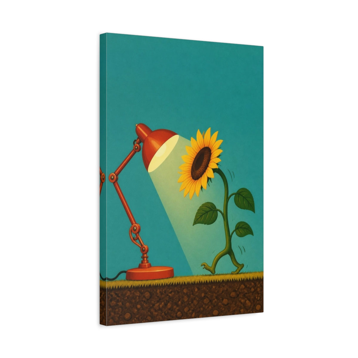 Side Mockup 3. Funny Sunflower And Lamp shown as canvas print