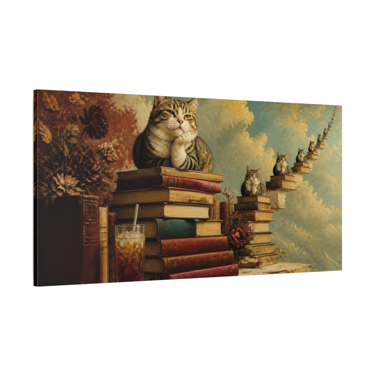 Side Mockup 2. Funny Tabby Cat On Books shown as canvas print