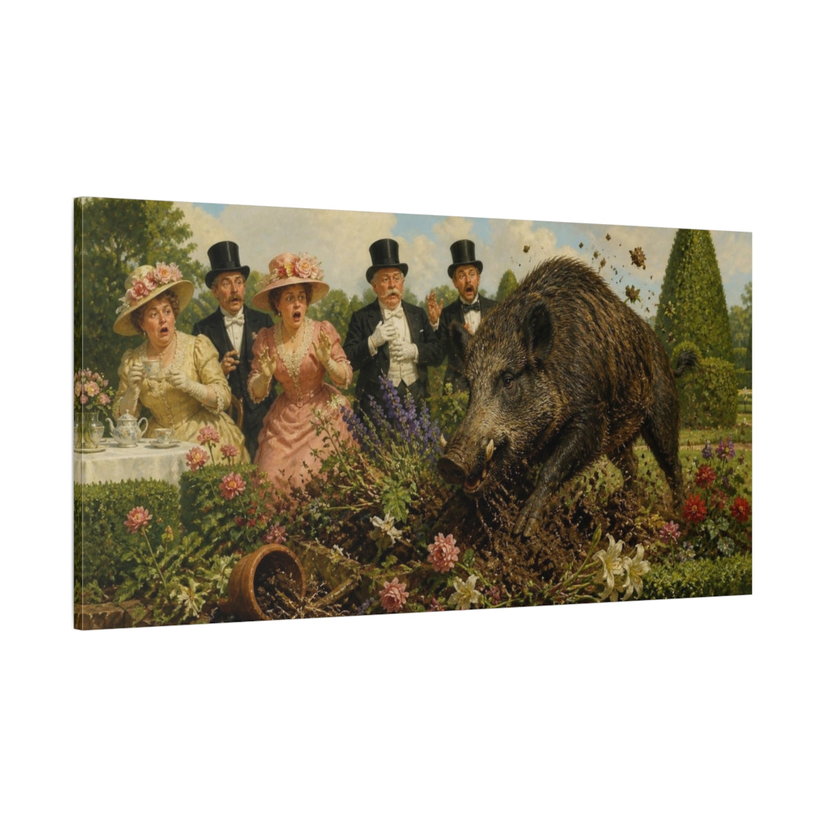 Side Mockup 2. Funny Wild Boar Tea Party shown as canvas print