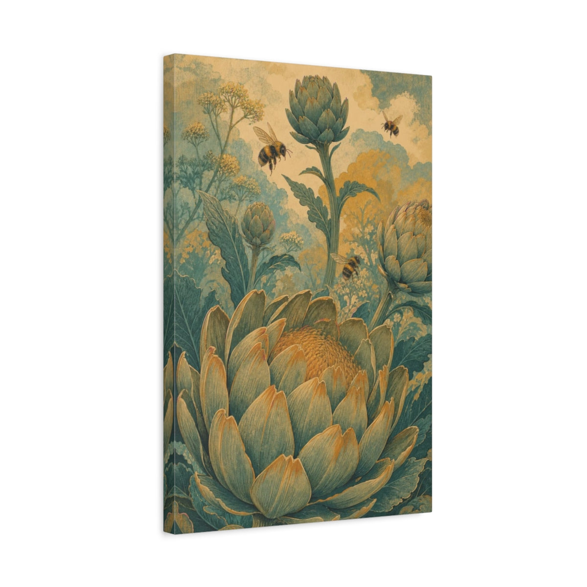 Side Mockup 3. Garden Artichokes And Bees shown as canvas print