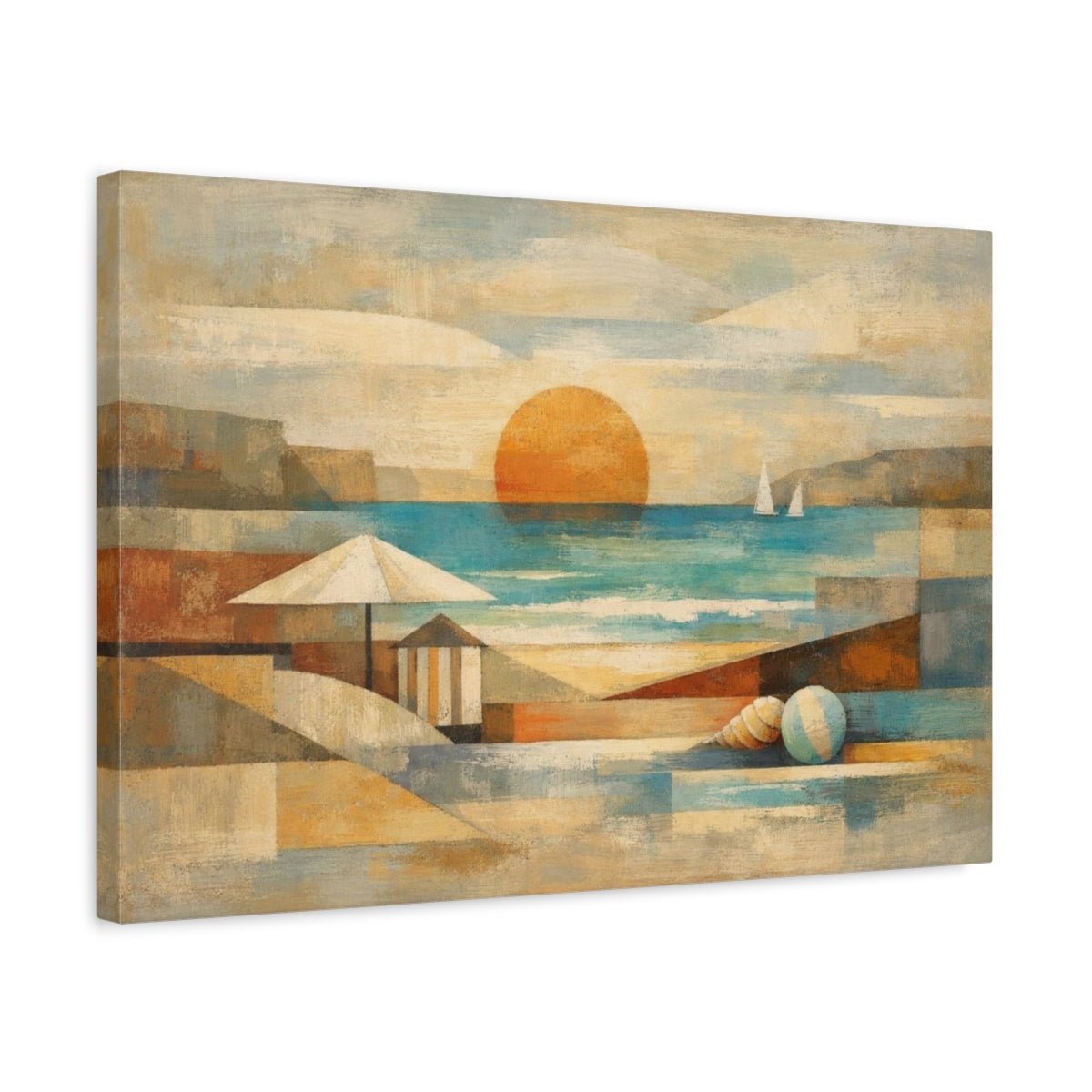 Geometric Beach Neutral Sunset Nature - Canvas Wall Art Print - YesArtYes