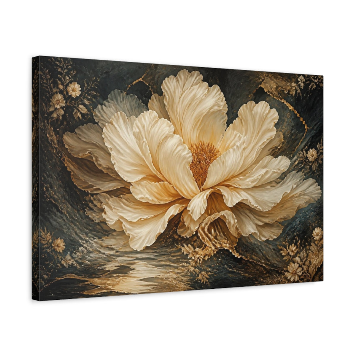 Side Mockup 3. Giant Cream Gold Bloom shown as canvas print