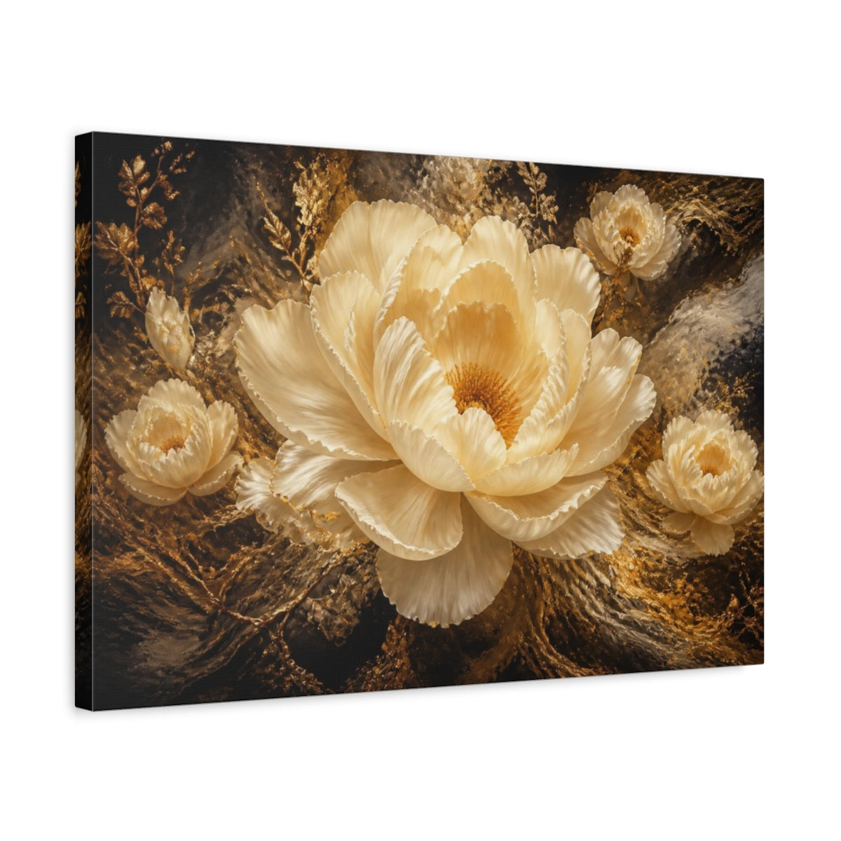 Side Mockup 3. Gilded Cream Peony shown as canvas print