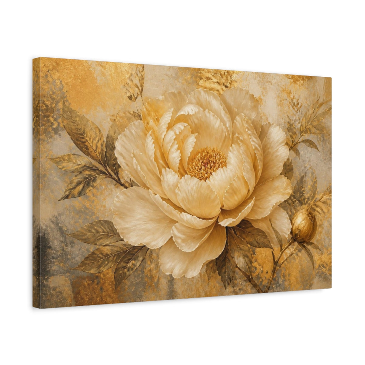Side Mockup 3. Golden Champagne Peony shown as canvas print