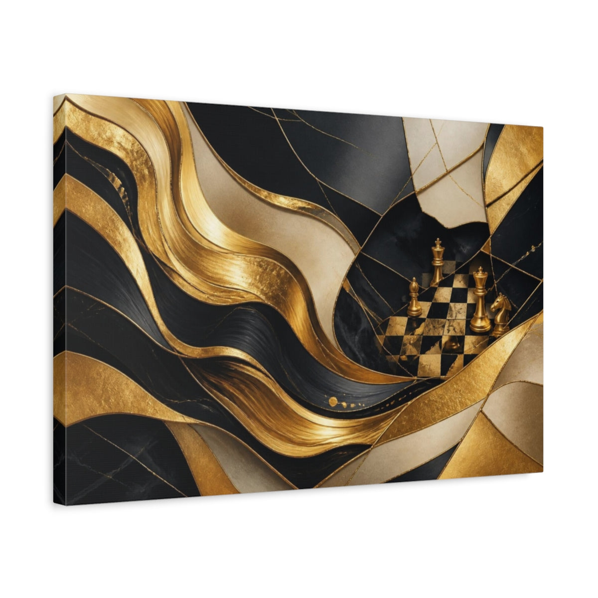 Side Mockup 3. Golden Chessboard Abstraction shown as canvas print