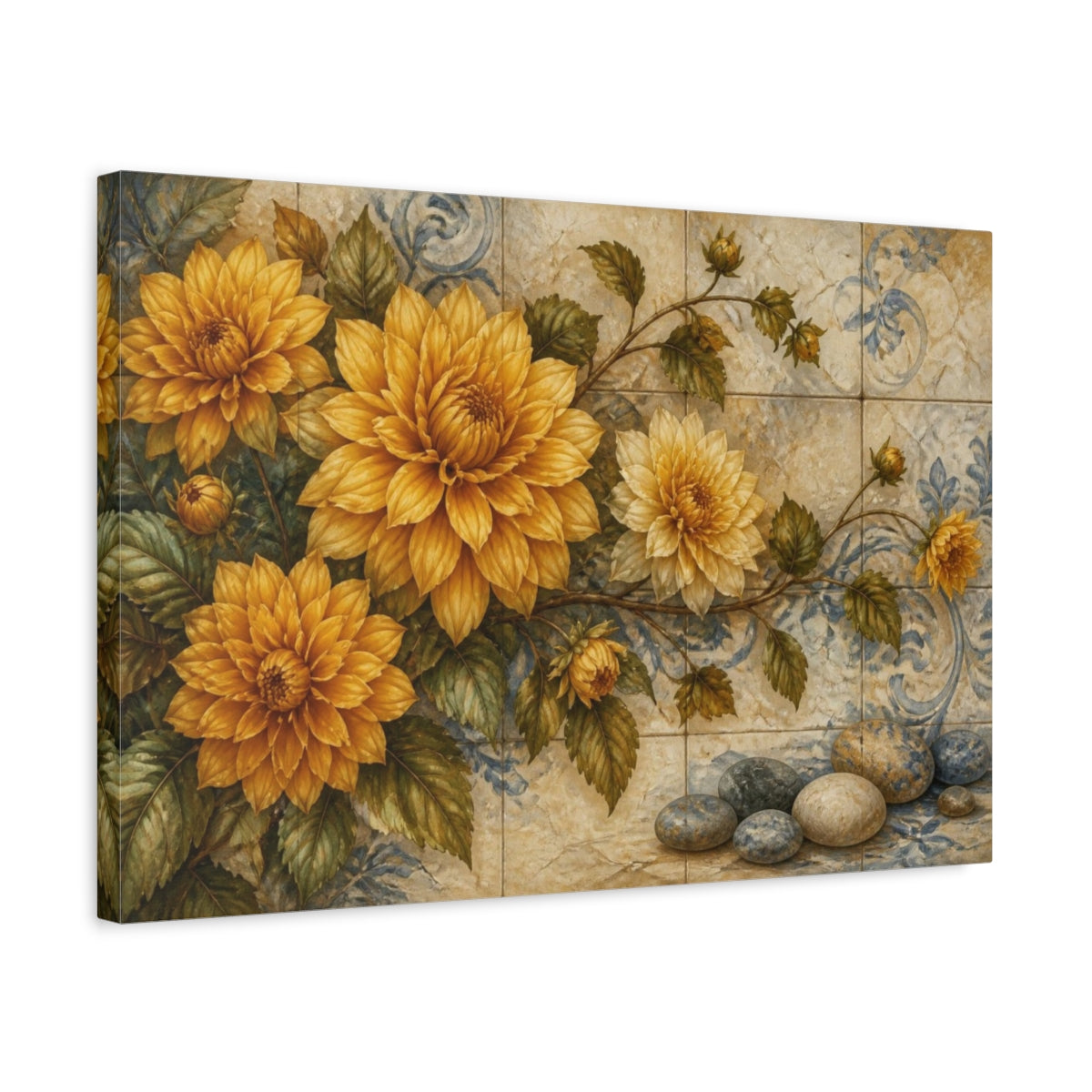 Side Mockup 3. Golden Dahlias On Tile shown as canvas print
