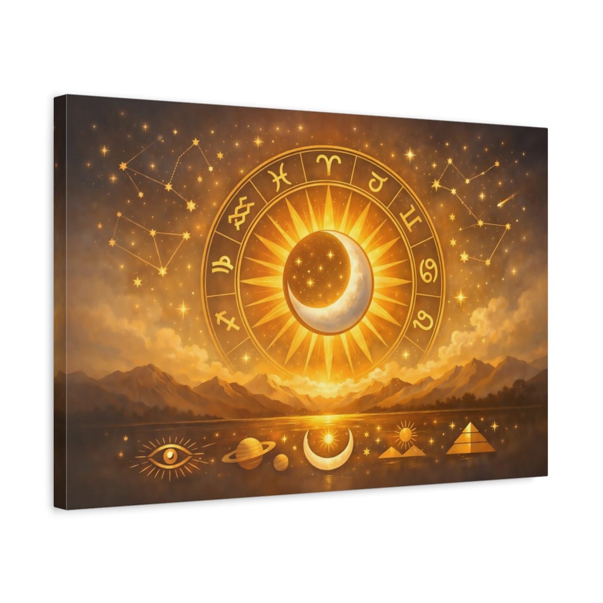 Golden Glow Birth Chart Zodiac Wheel Abstract - Canvas Wall Art Print - YesArtYes