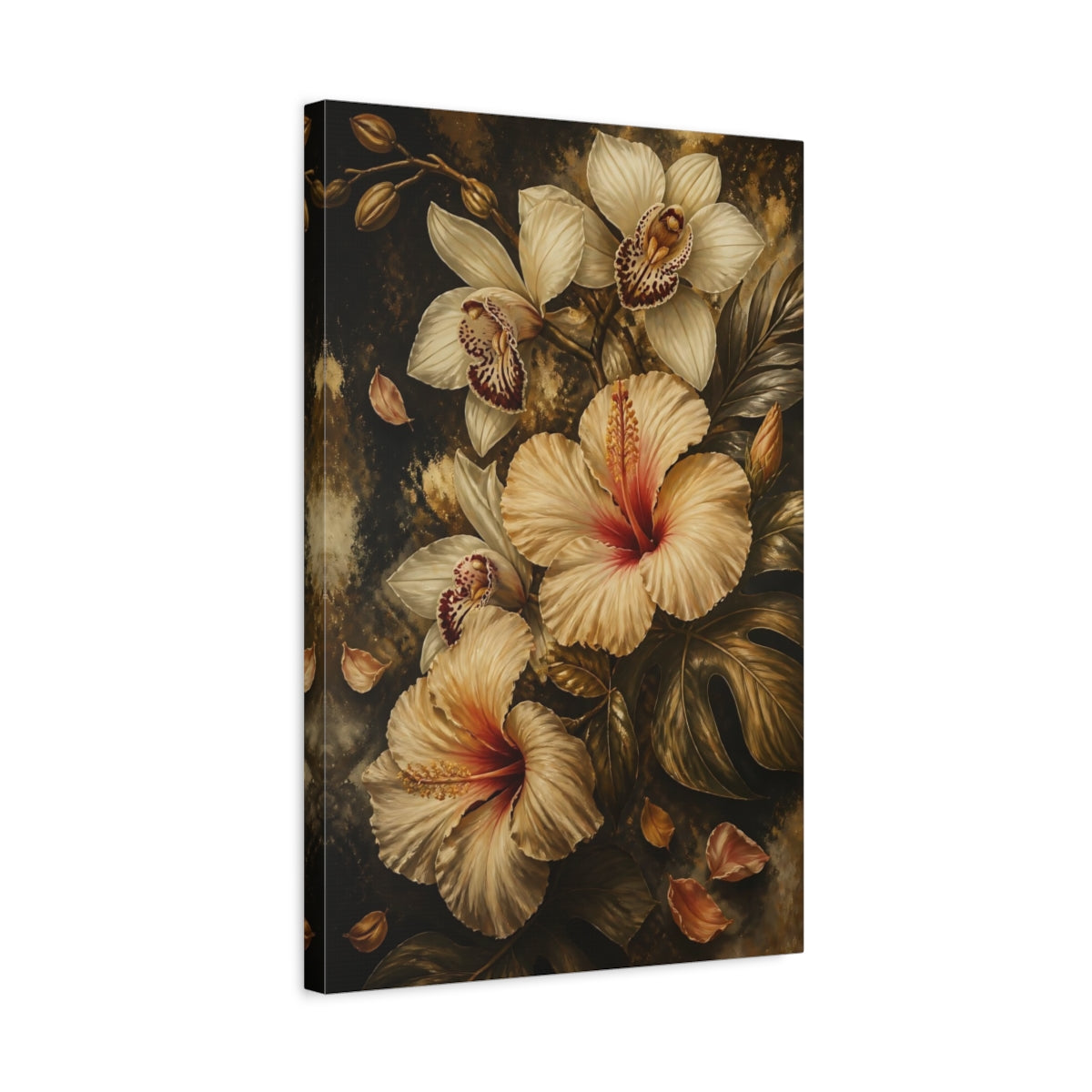 Side Mockup 3. Golden Hibiscus Bouquet shown as canvas print