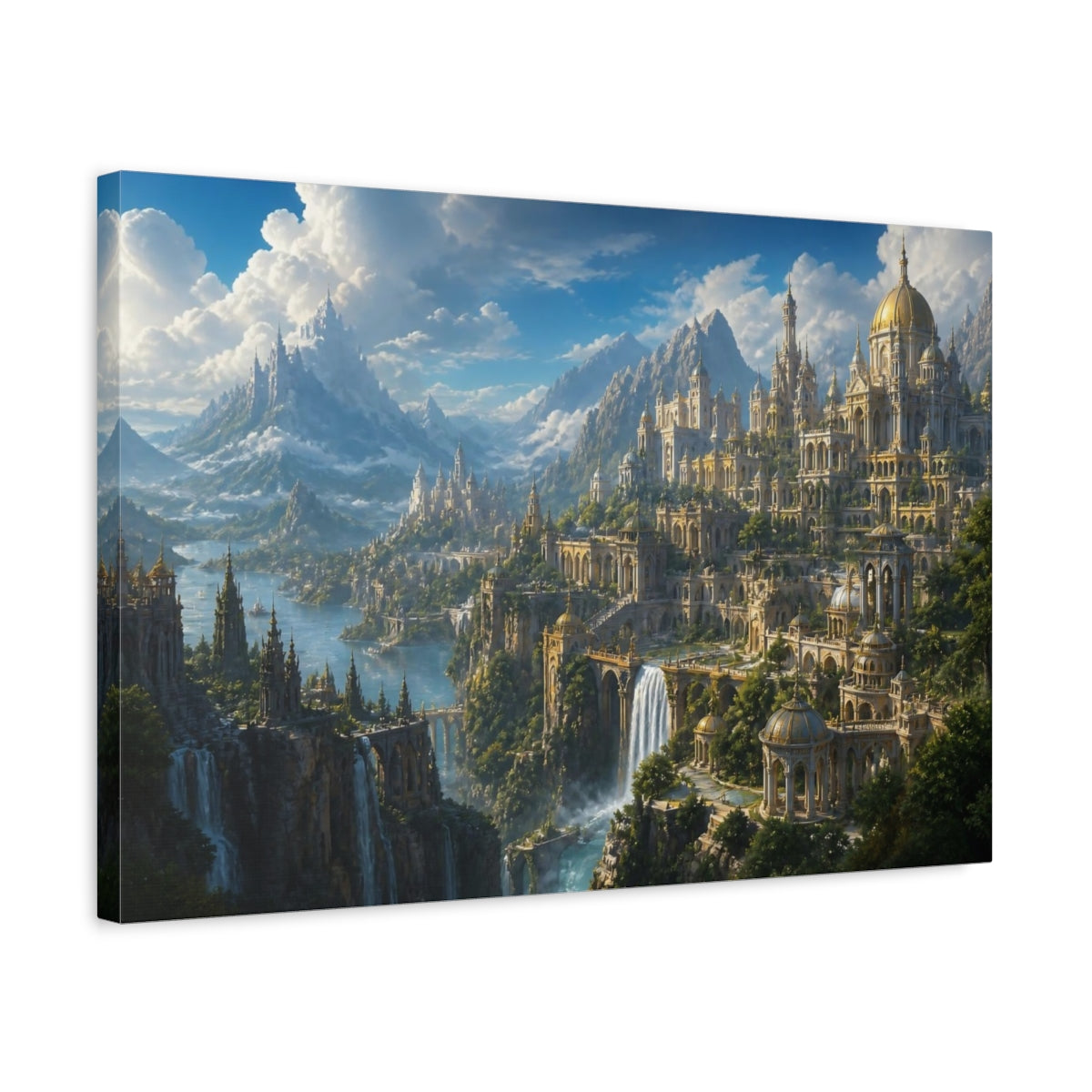 Side Mockup 3. Golden Mountain City shown as canvas print