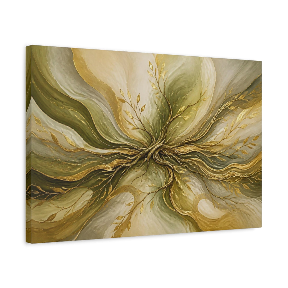 Side Mockup 3. Golden Olive Root Flow shown as canvas print