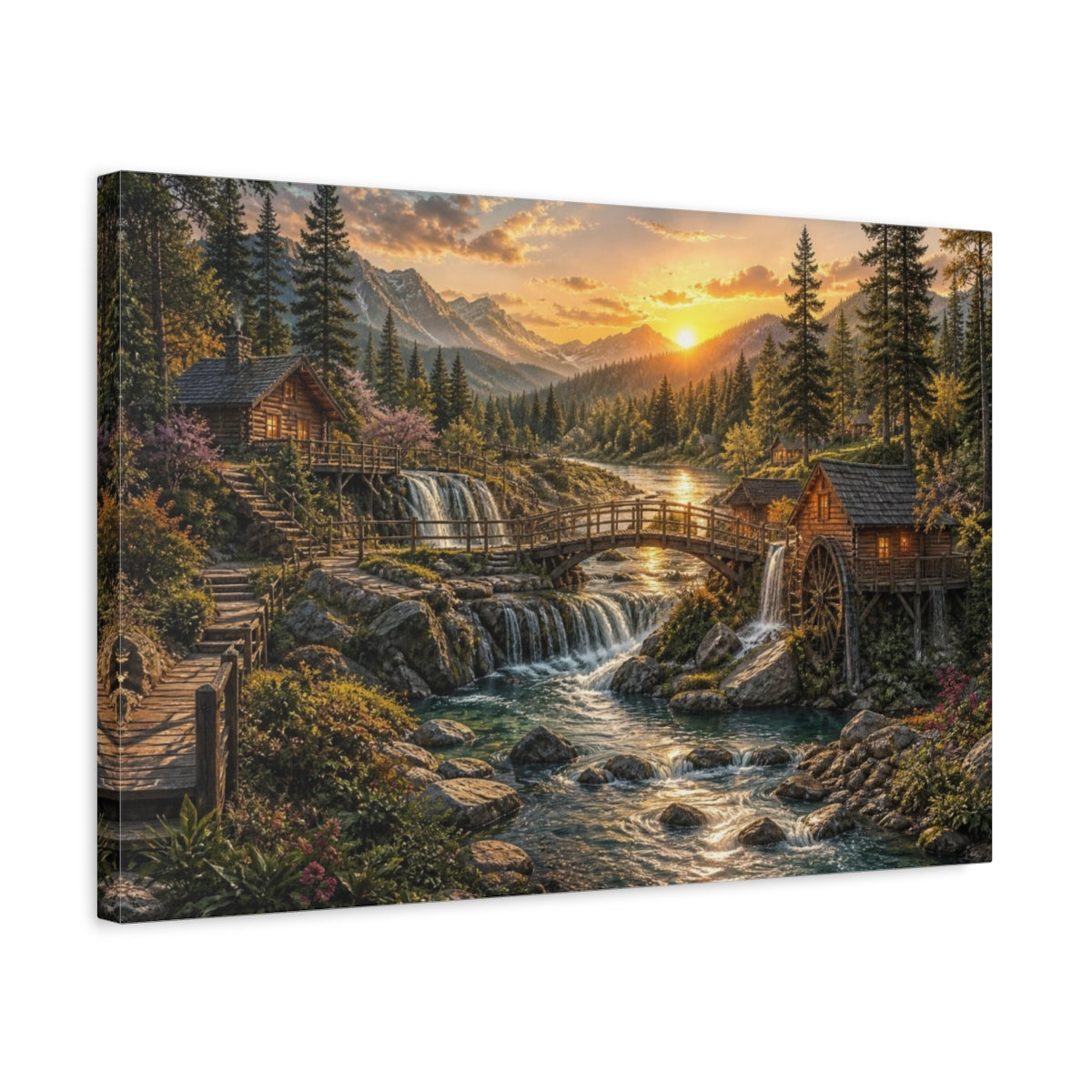 Side Mockup 3. Golden River Landscape shown as canvas print