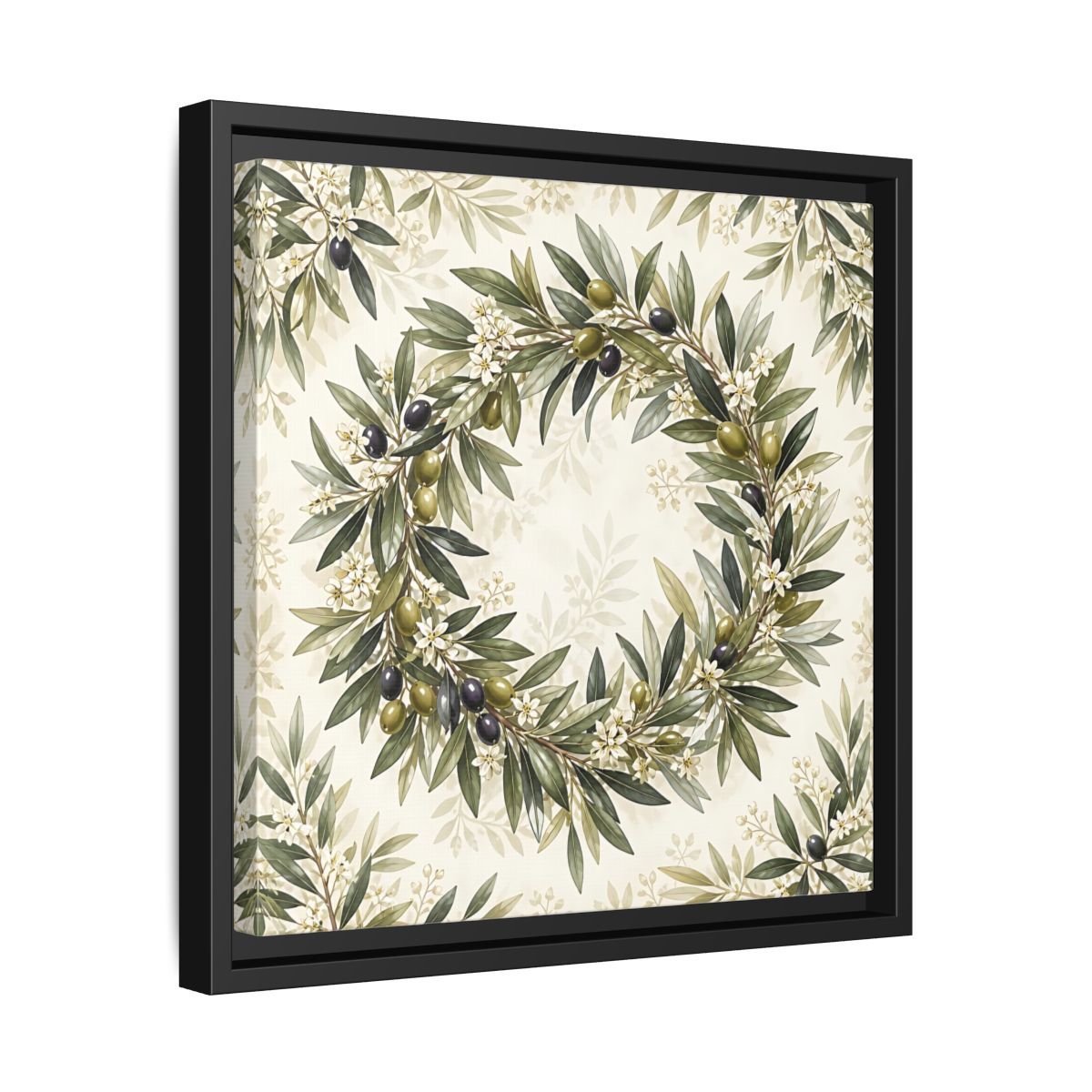 Side Mockup 32. Heavy Structured Texture Olive Leaves With Tiny White Flowers shown as stretched canvas wall art