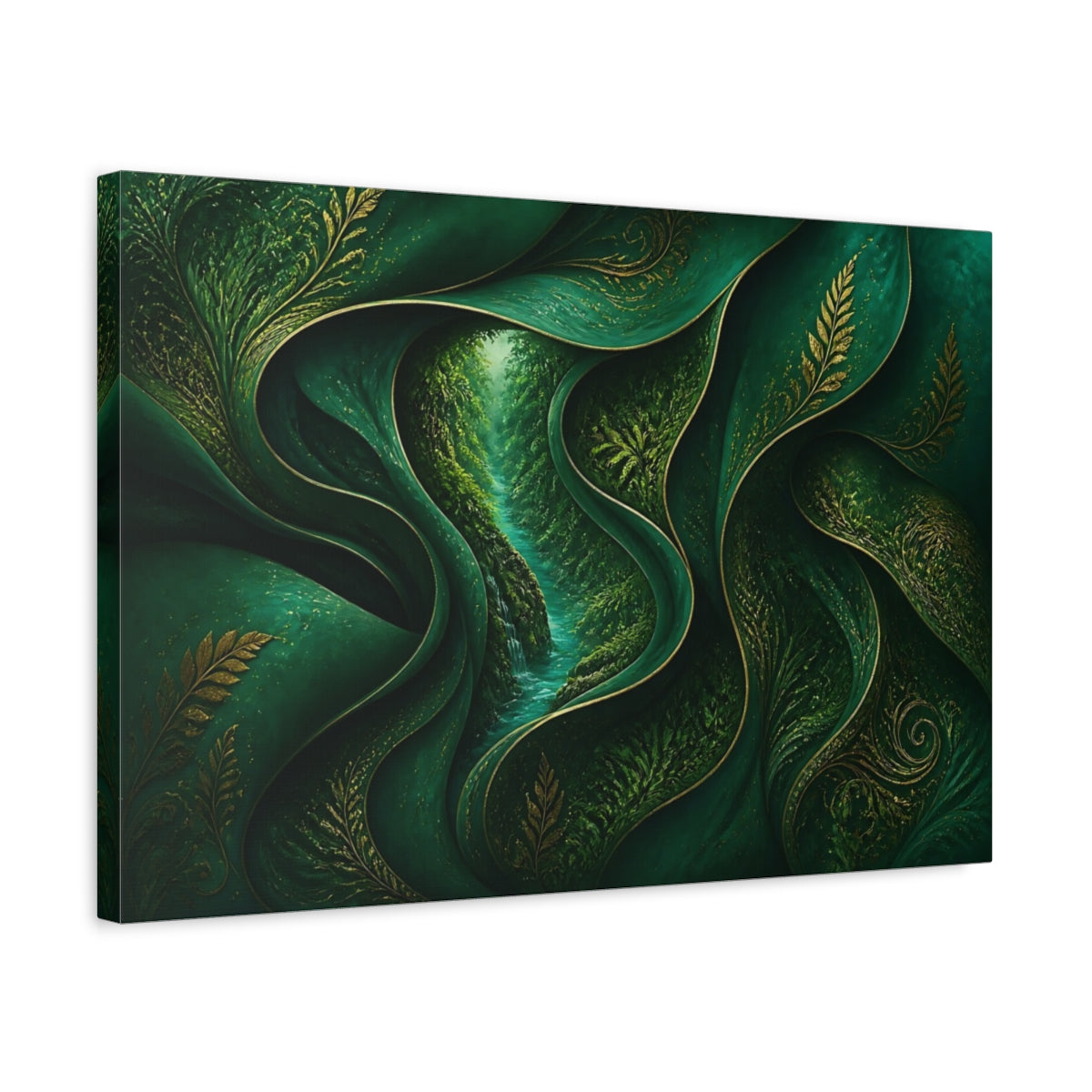 Side Mockup 3. Hidden Emerald River shown as canvas print