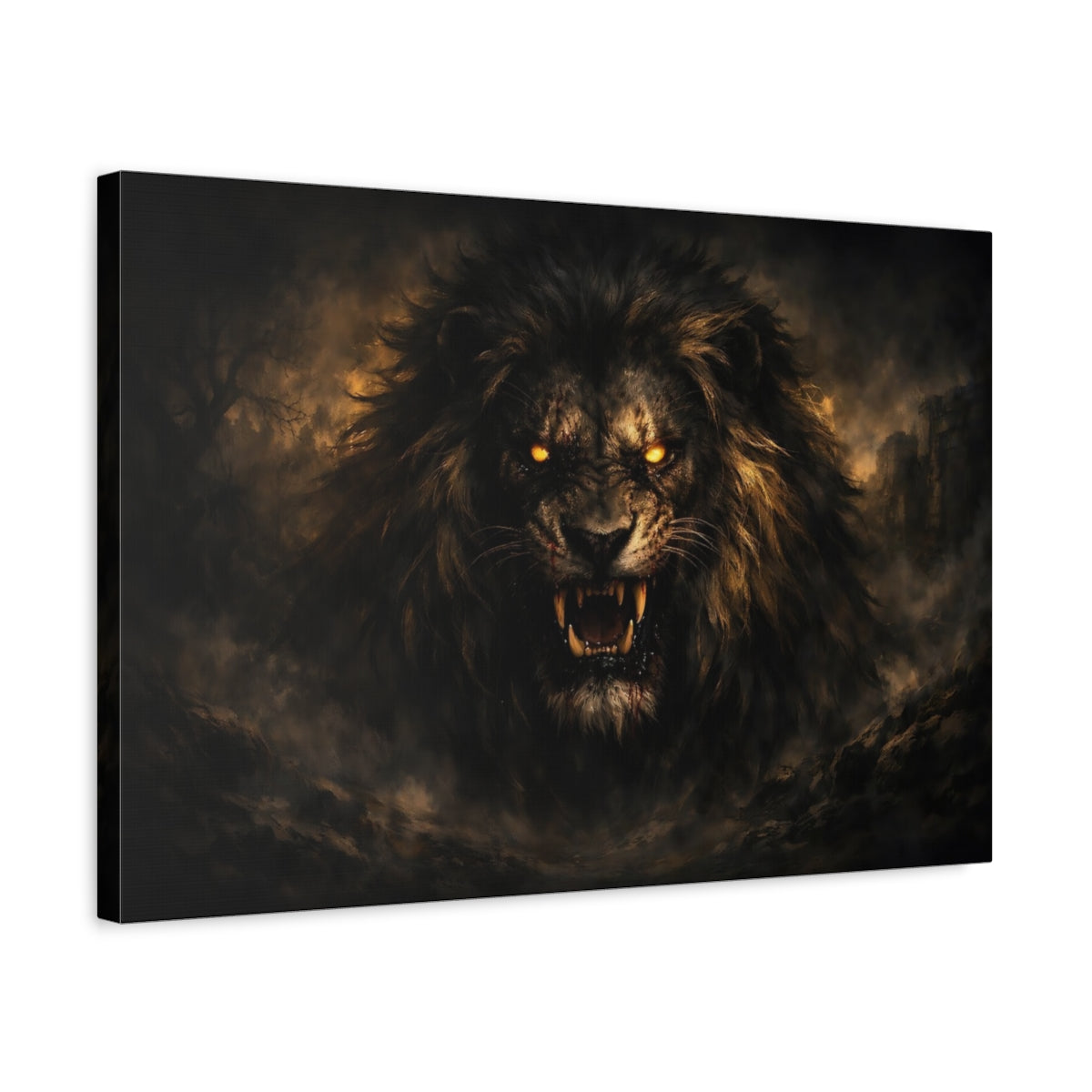 Side Mockup 3. Horror Roaring Lion Dark Lion shown as stretched canvas wall art