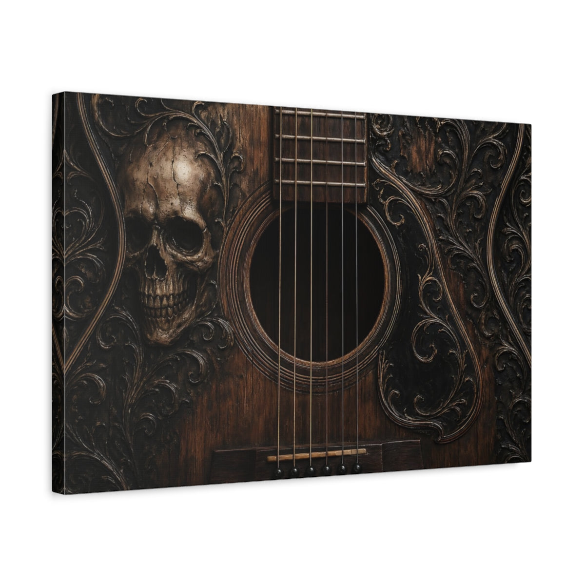 Side Mockup 3. Horror Skull Guitar Dark Wood Skull shown as stretched canvas wall art