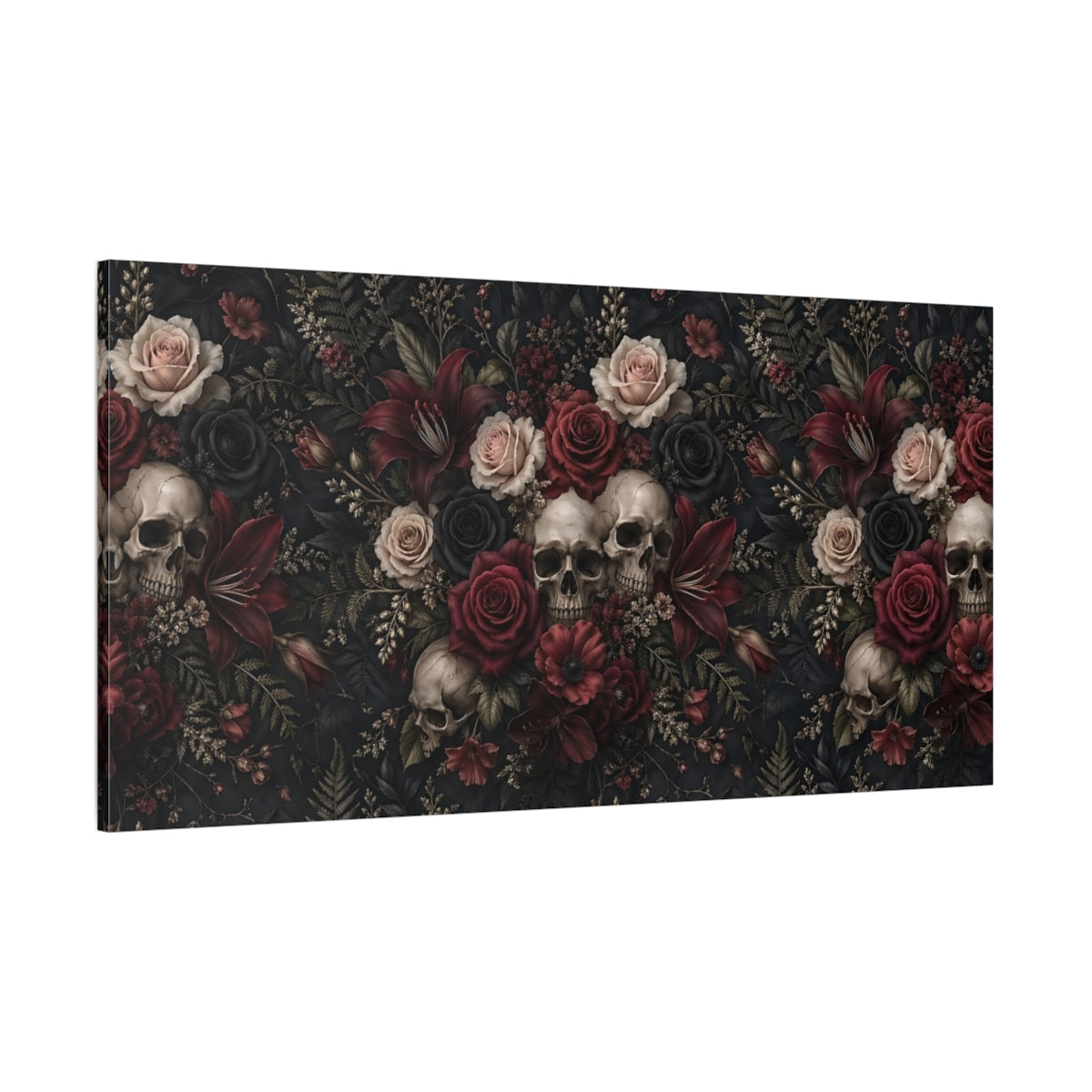 Side Mockup 2. Horror Skulls Gothic Floral Skulls shown as stretched canvas wall art