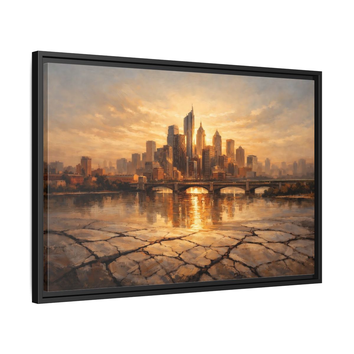 Side Mockup 14. Vintage Cityscape Golden Cityscape shown as stretched canvas wall art