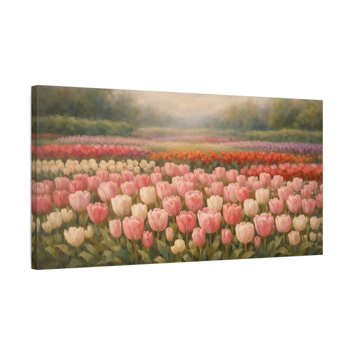 Side Mockup 2. Floral Tulip Field Pink Tulip Field shown as stretched canvas wall art