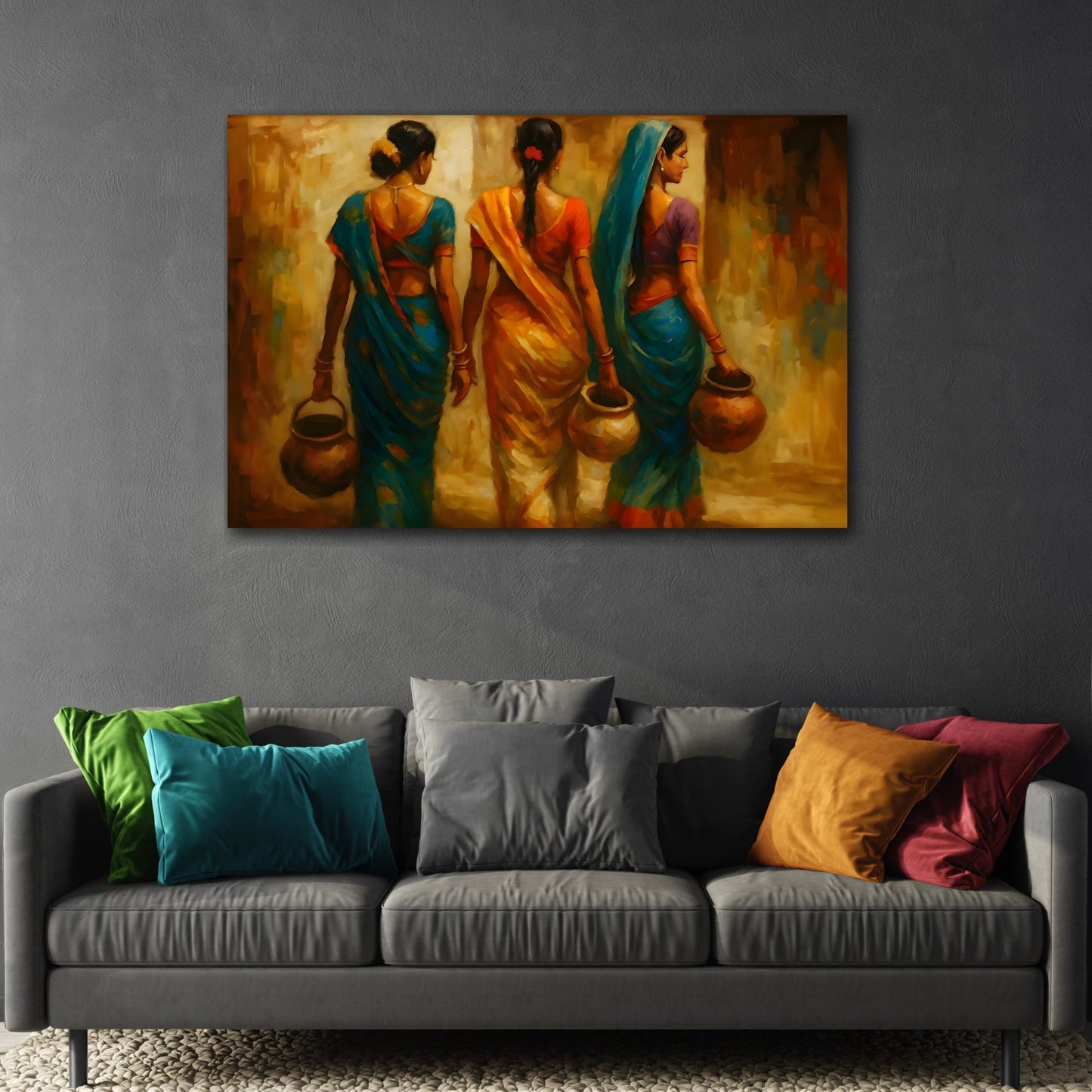 Indian Woman Canvas Print - Colorful Sarees and Pots Rural Life Wall Art - YesArtYes