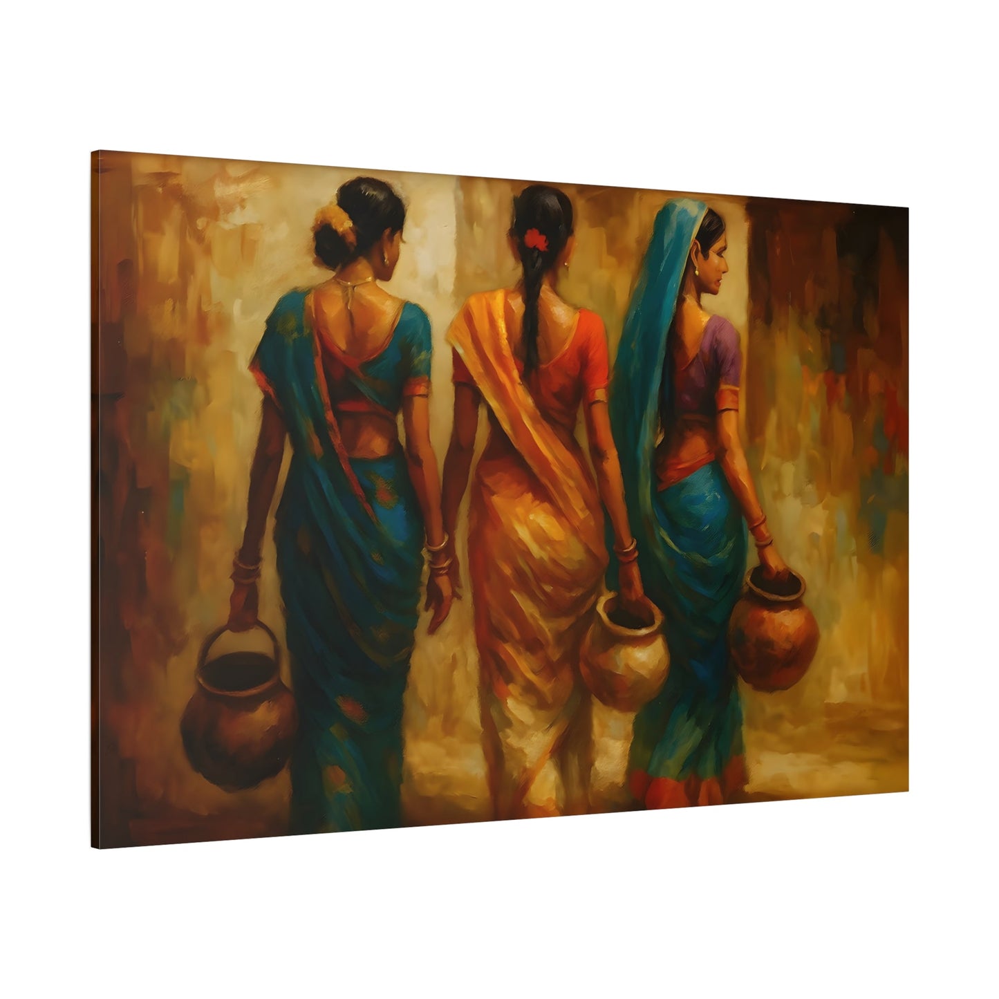 Indian Woman Canvas Print - Colorful Sarees and Pots Rural Life Wall Art - YesArtYes