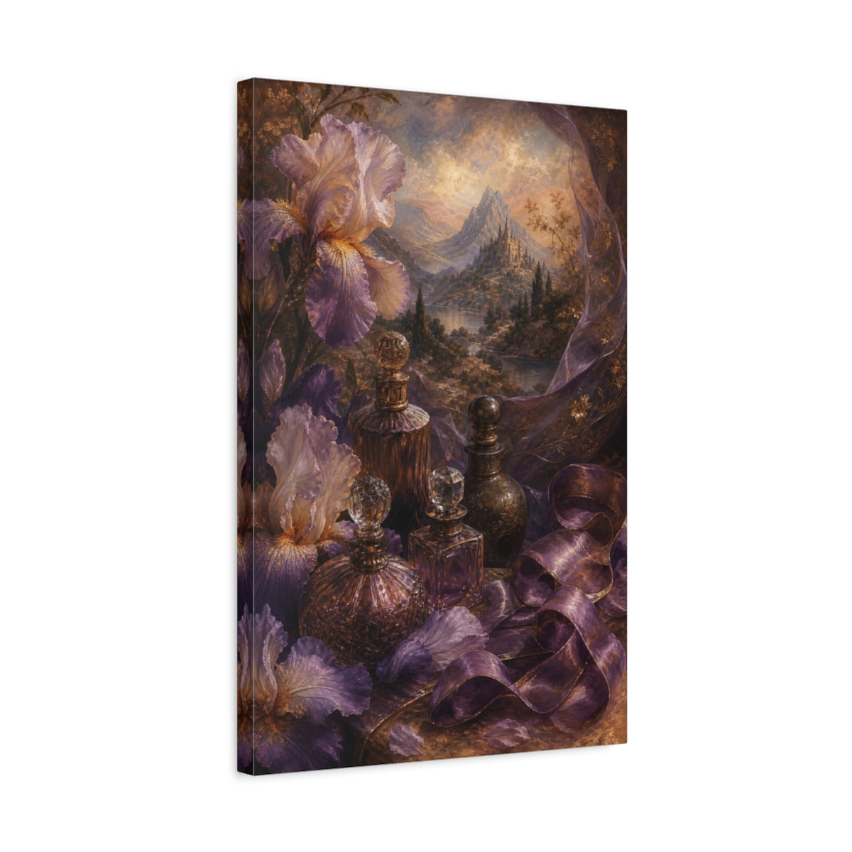 Side Mockup 3. Iris And Antique Perfumes shown as canvas print