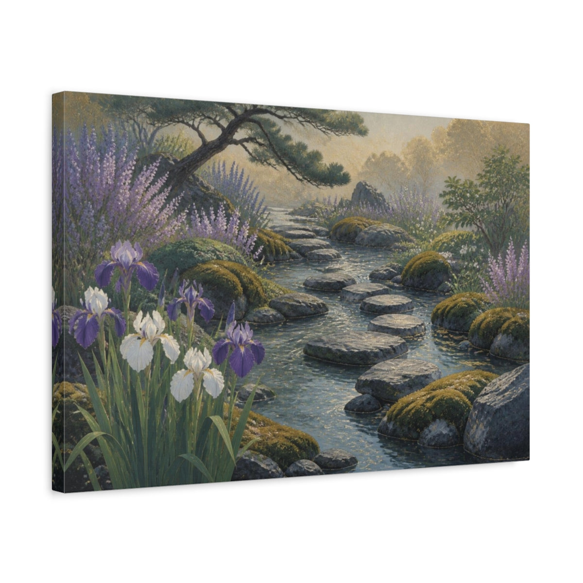 Side Mockup 3. Irises And Stepping Stones shown as canvas print