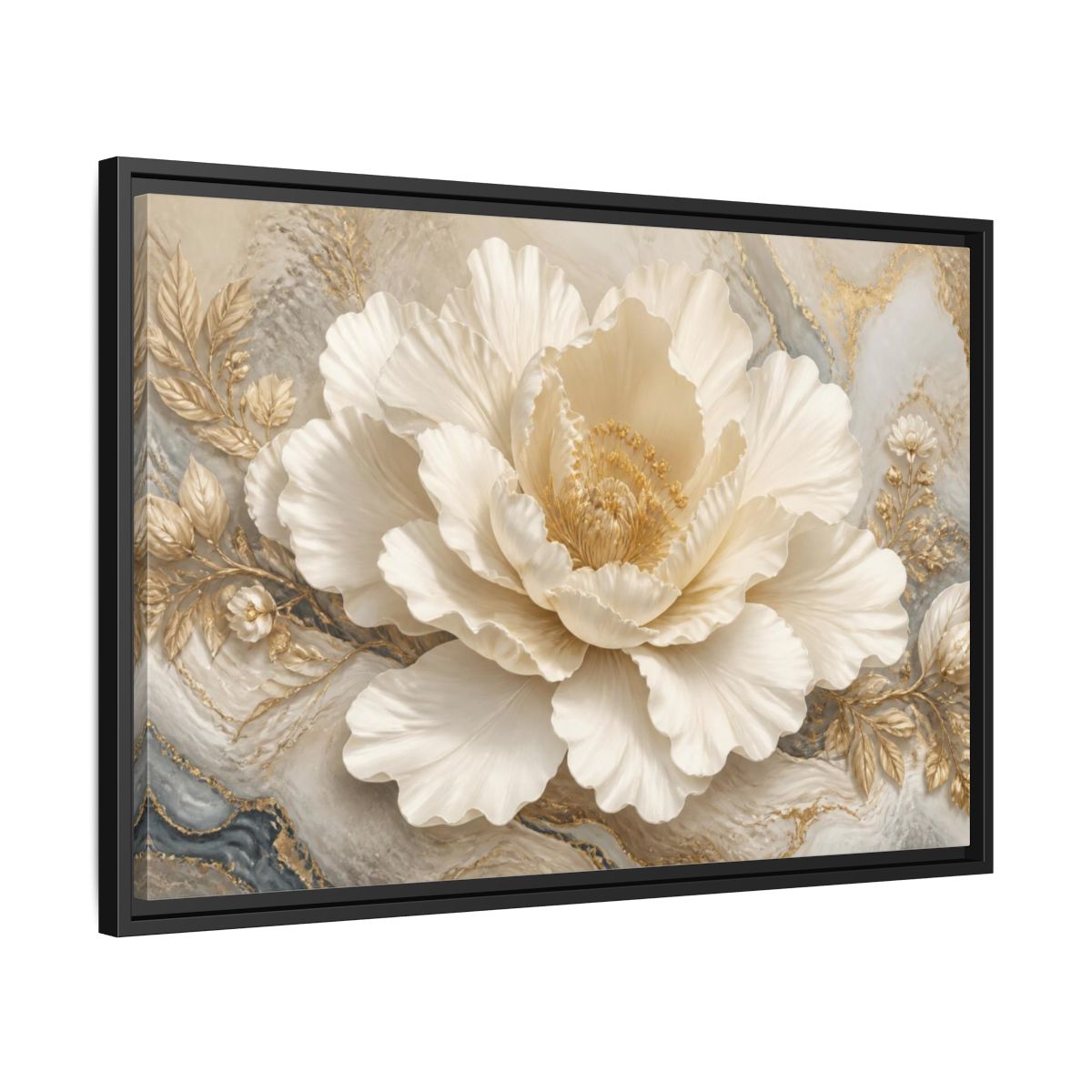 Side Mockup 14. Ivory Floral Peony Sculpture shown as framed canvas print