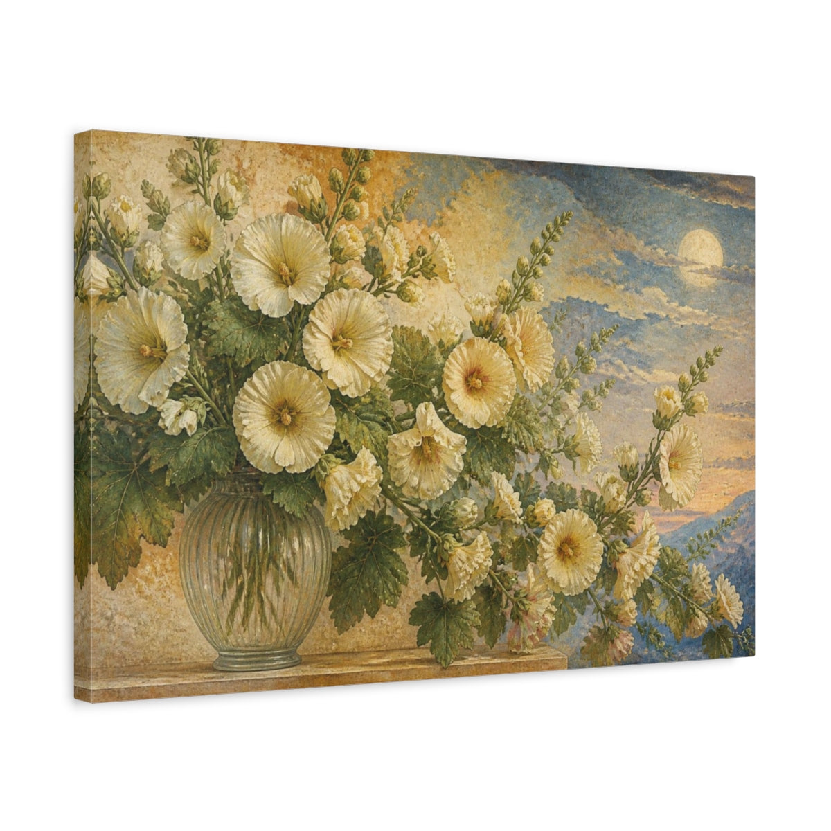 Side Mockup 3. Ivory Hollyhocks Floral shown as canvas print