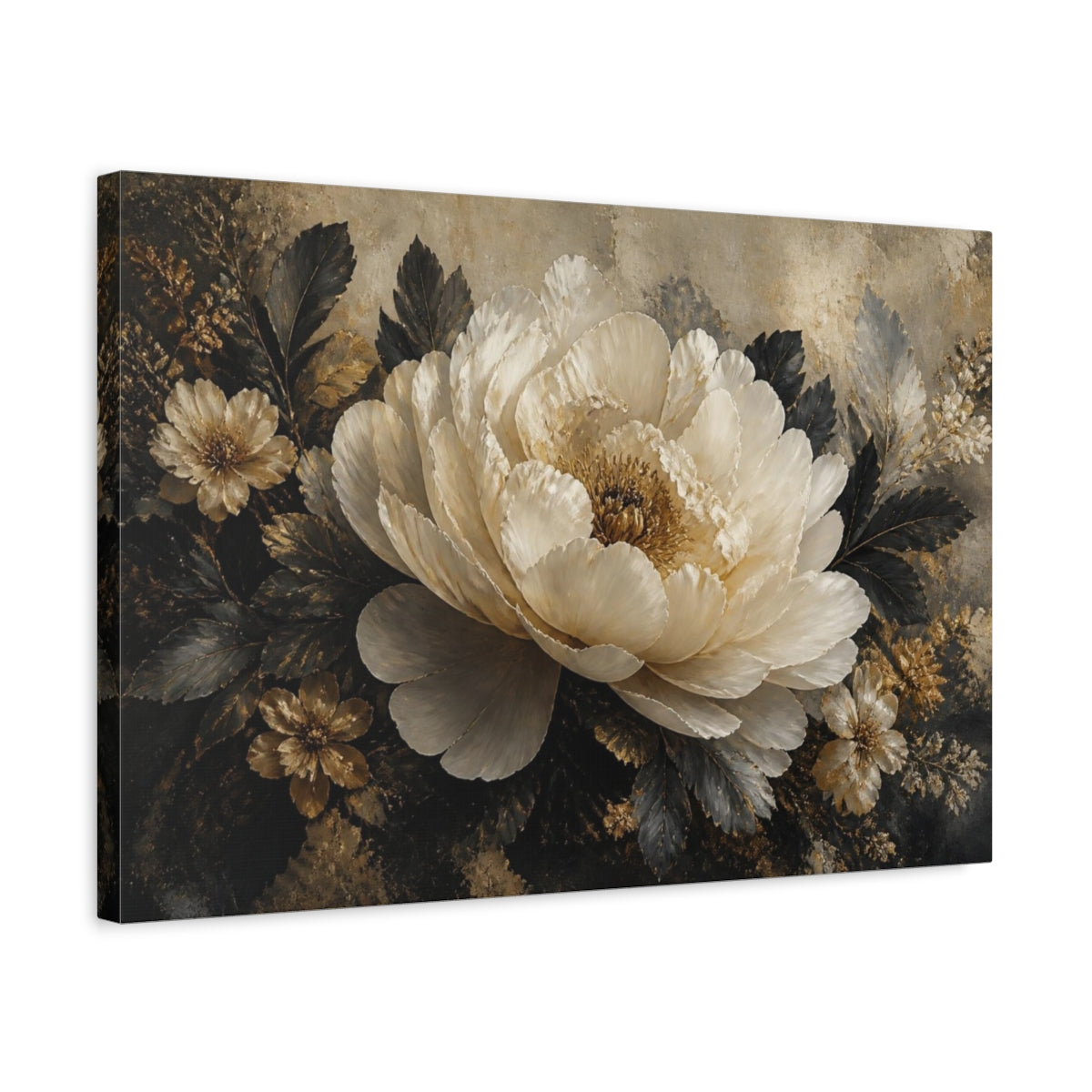 Side Mockup 3. Ivory Peony With Gold Accents shown as canvas print