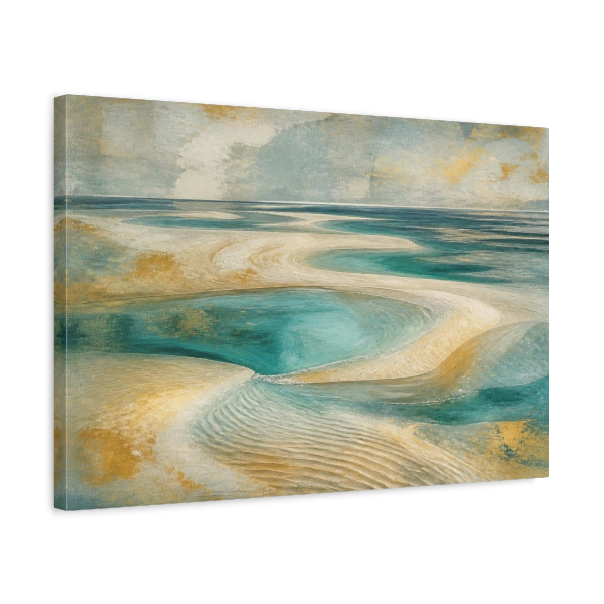 Side Mockup 3. Jade Lagoon Sandbars shown as canvas print