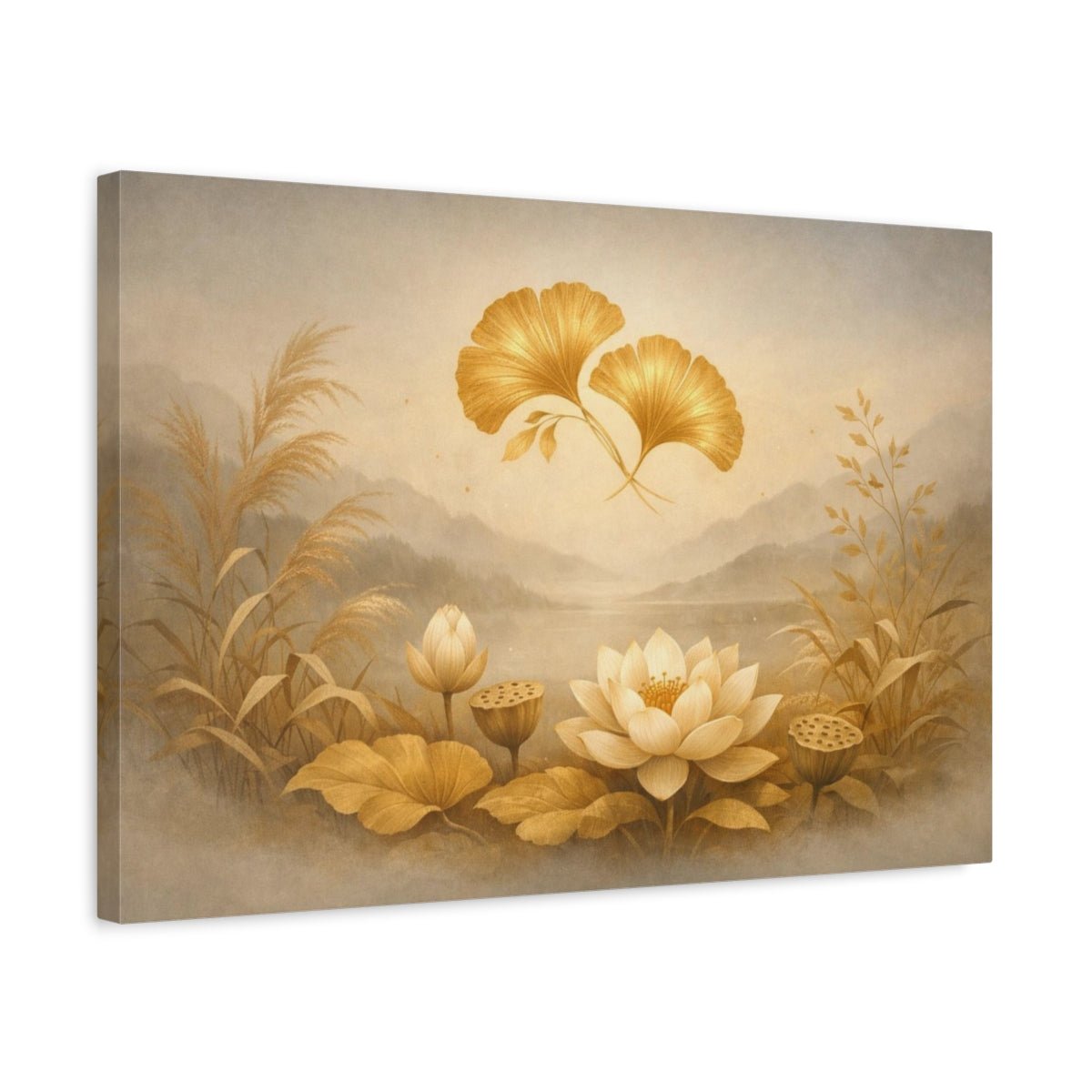 Japandi Botanical Gold Lotus Ginkgo Floral - Canvas Wall Art Print - YesArtYes