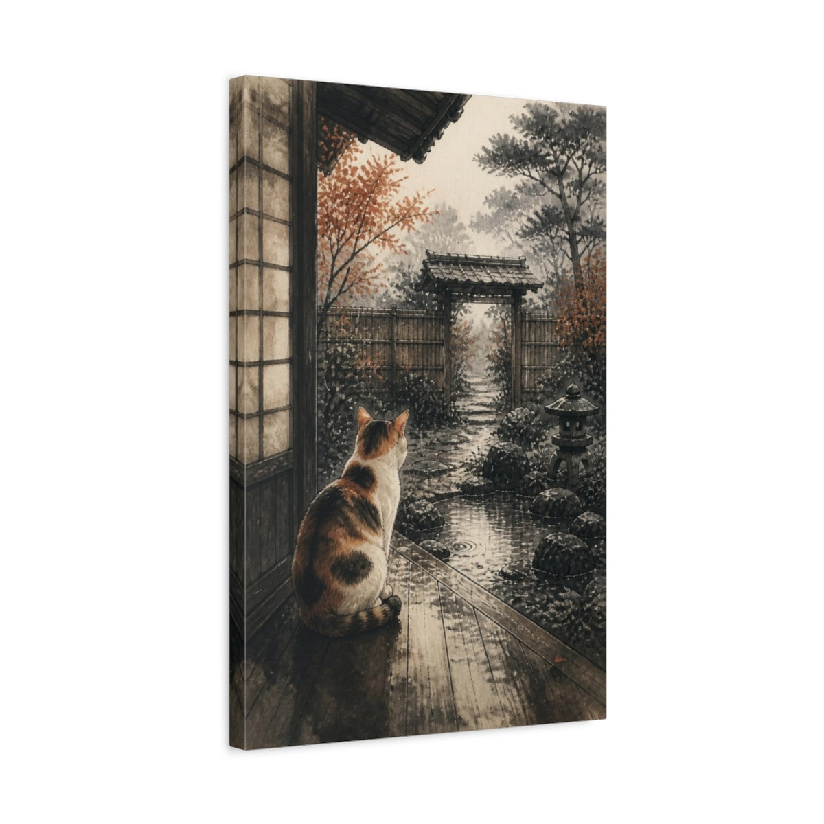 Side Mockup 3. Japanese Calico Cat Garden shown as canvas print