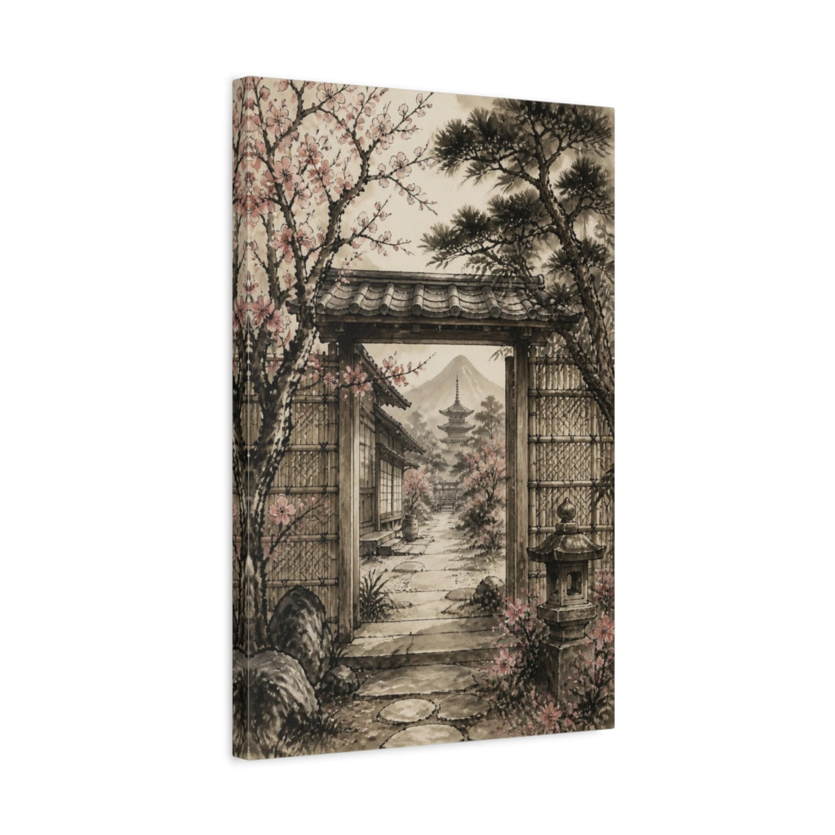 Side Mockup 3. Japanese Garden Gate Blossoms shown as canvas print