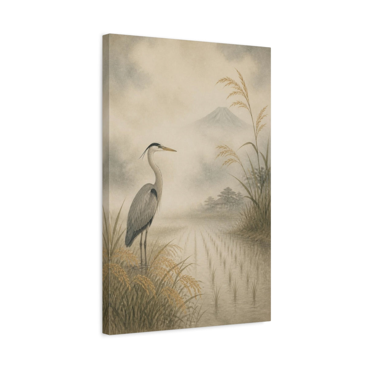Side Mockup 3. Japanese Heron In Rice Field shown as canvas print