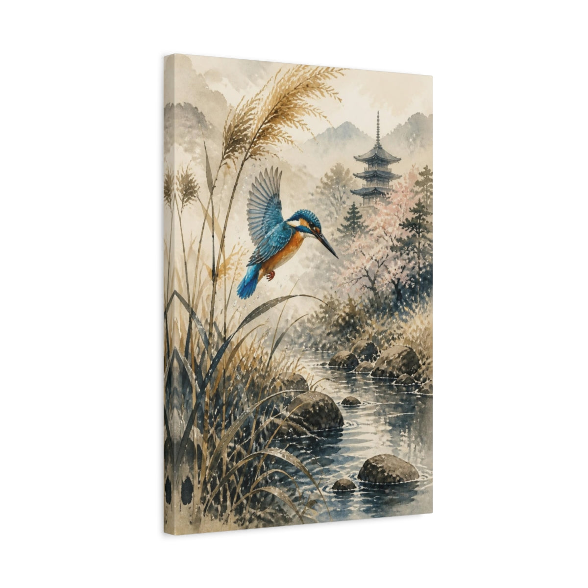 Side Mockup 3. Japanese Kingfisher Over Stream shown as canvas print