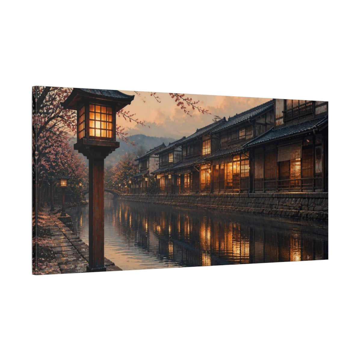 Side Mockup 2. Japanese Lanterns On Canal shown as canvas print