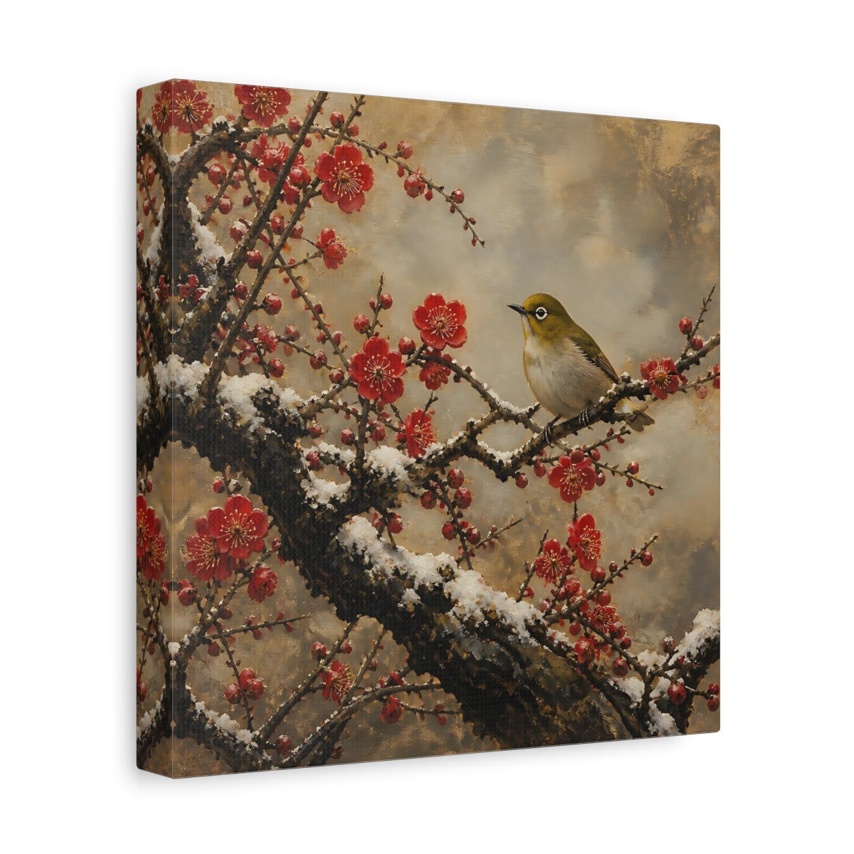 Side Mockup 9. Japanese Plum Blossom Warbler shown as canvas print