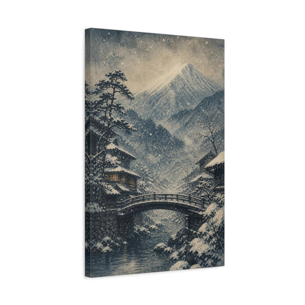 Side Mockup 3. Japanese Snowy Mountain Bridge shown as canvas print