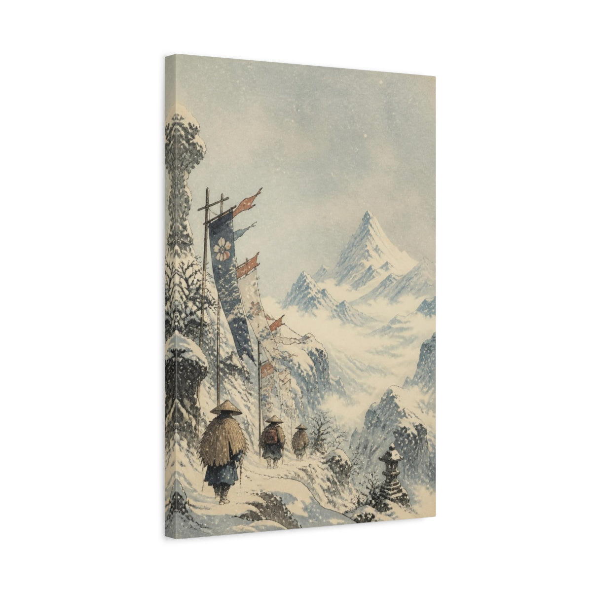 Side Mockup 3. Japanese Snowy Mountain Pass shown as canvas print