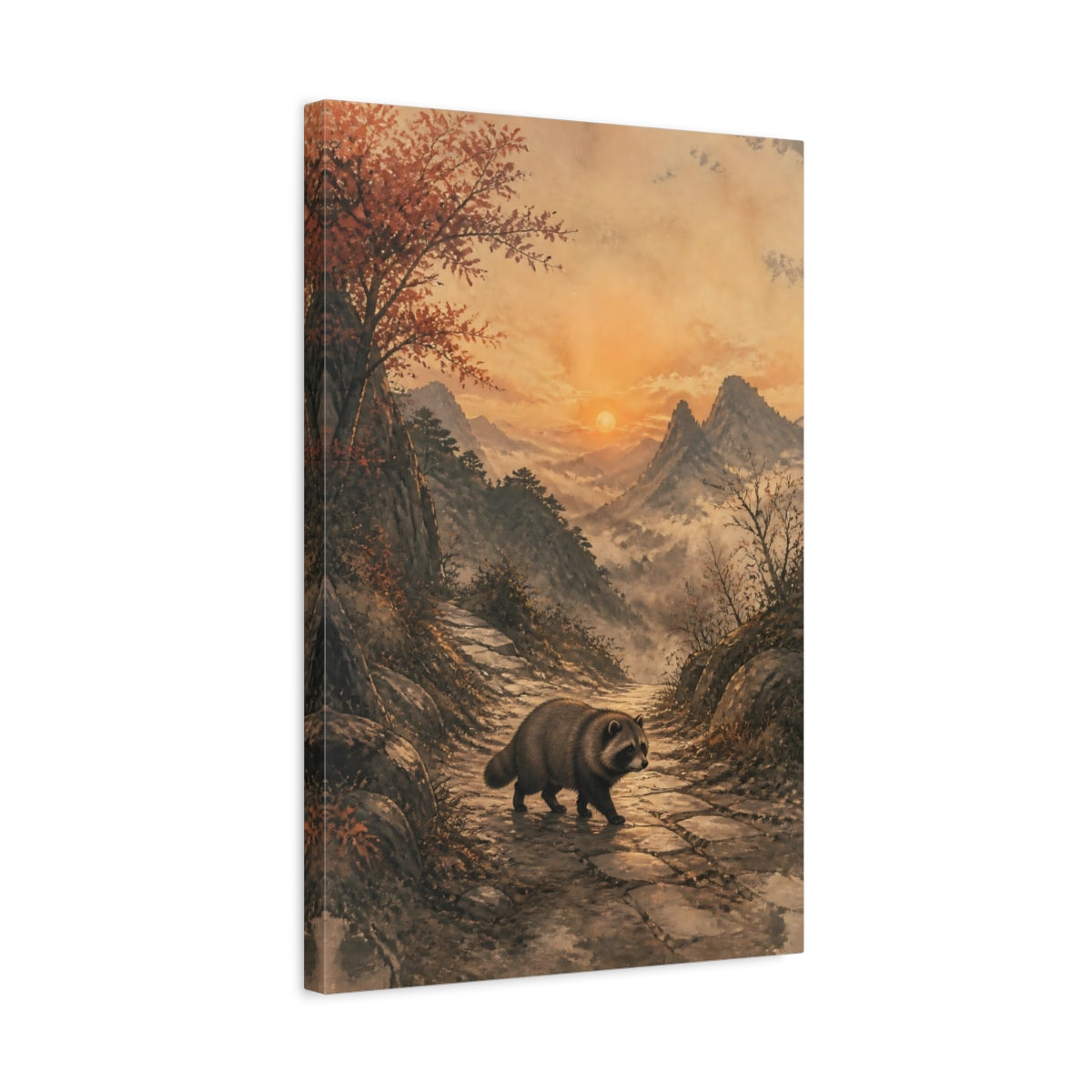 Side Mockup 3. Japanese Tanuki At Dusk shown as canvas print