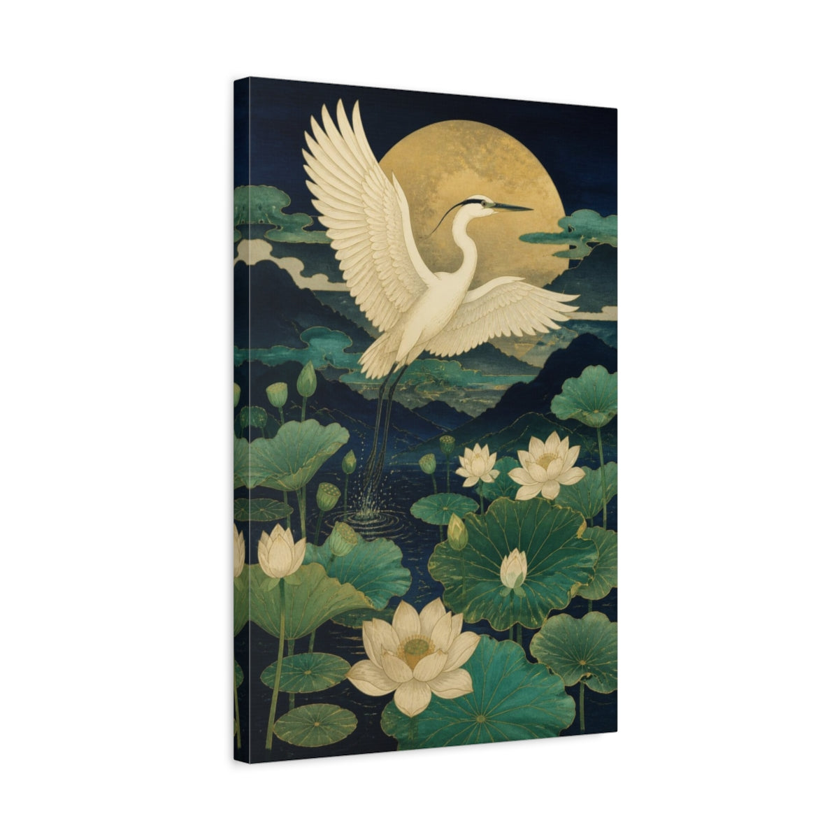 Side Mockup 3. Japanese White Heron Over Lotus shown as canvas print
