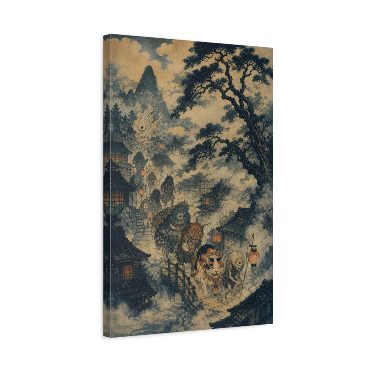 Side Mockup 3. Japanese Yokai Procession shown as canvas print