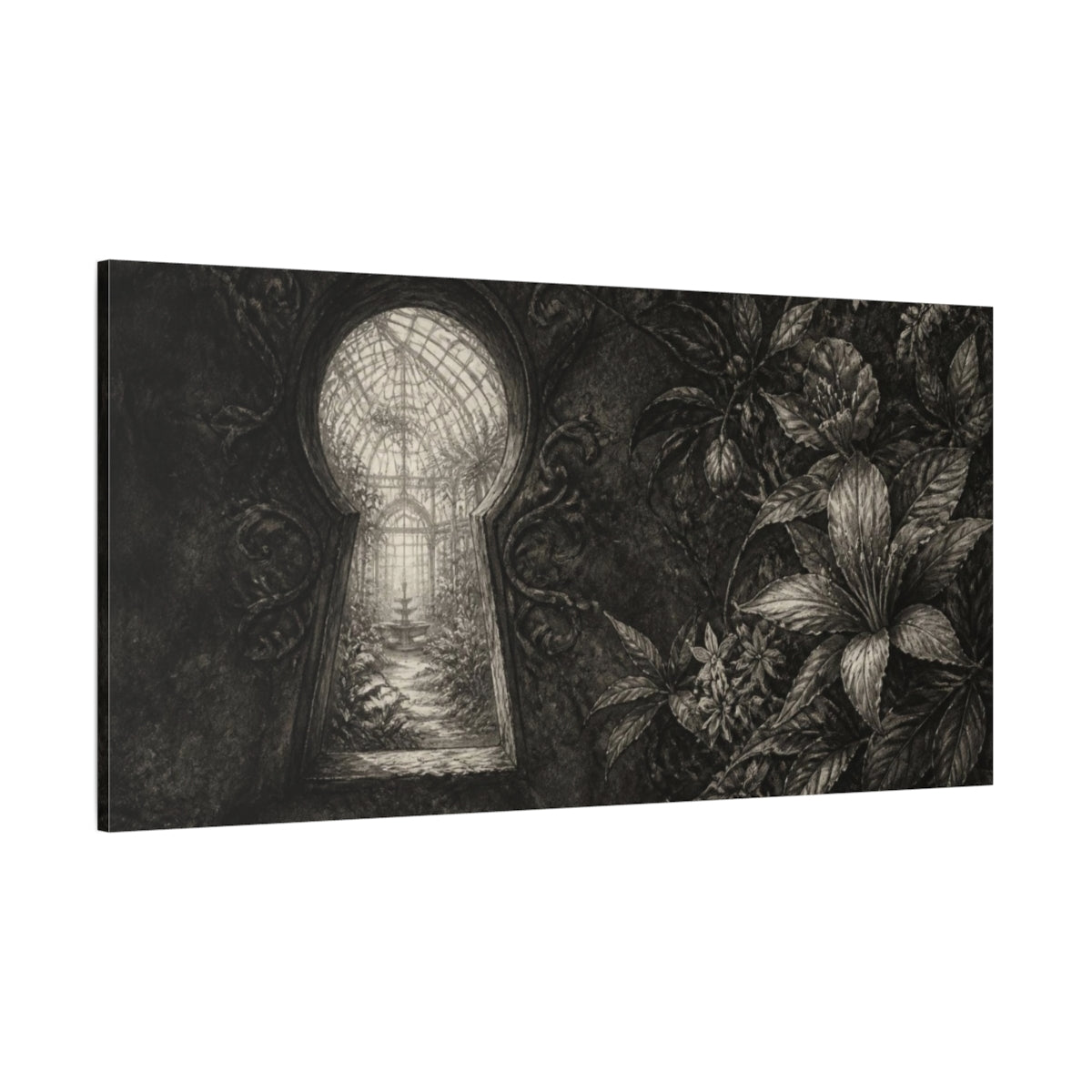 Side Mockup 2. Keyhole To Secret Greenhouse shown as canvas print